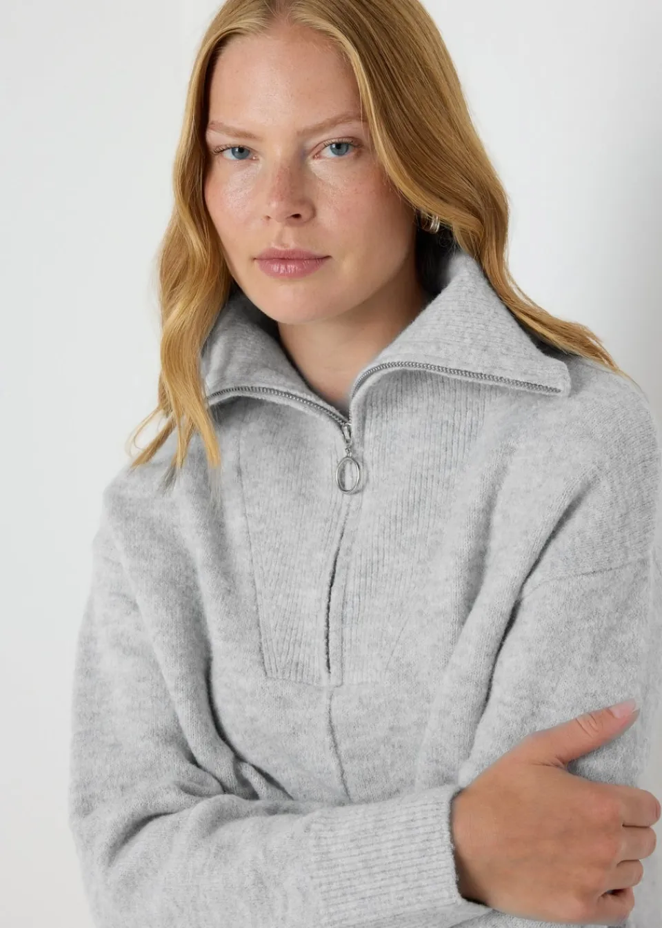 Tops>Papaya Grey Knitted Half Zip Jumper