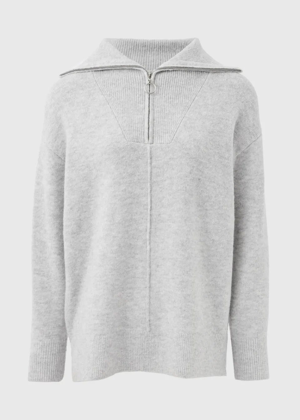 Tops>Papaya Grey Knitted Half Zip Jumper