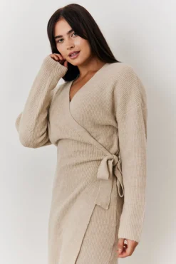 Knitwear>In The Style Oatmeal Knitted Wrap Dress