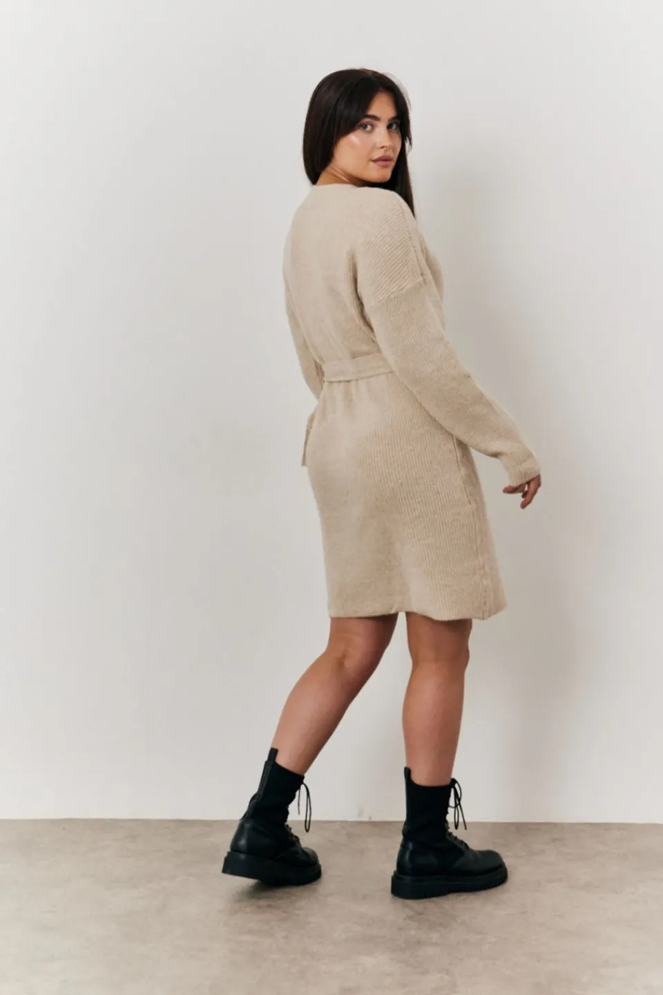 Knitwear>In The Style Oatmeal Knitted Wrap Dress