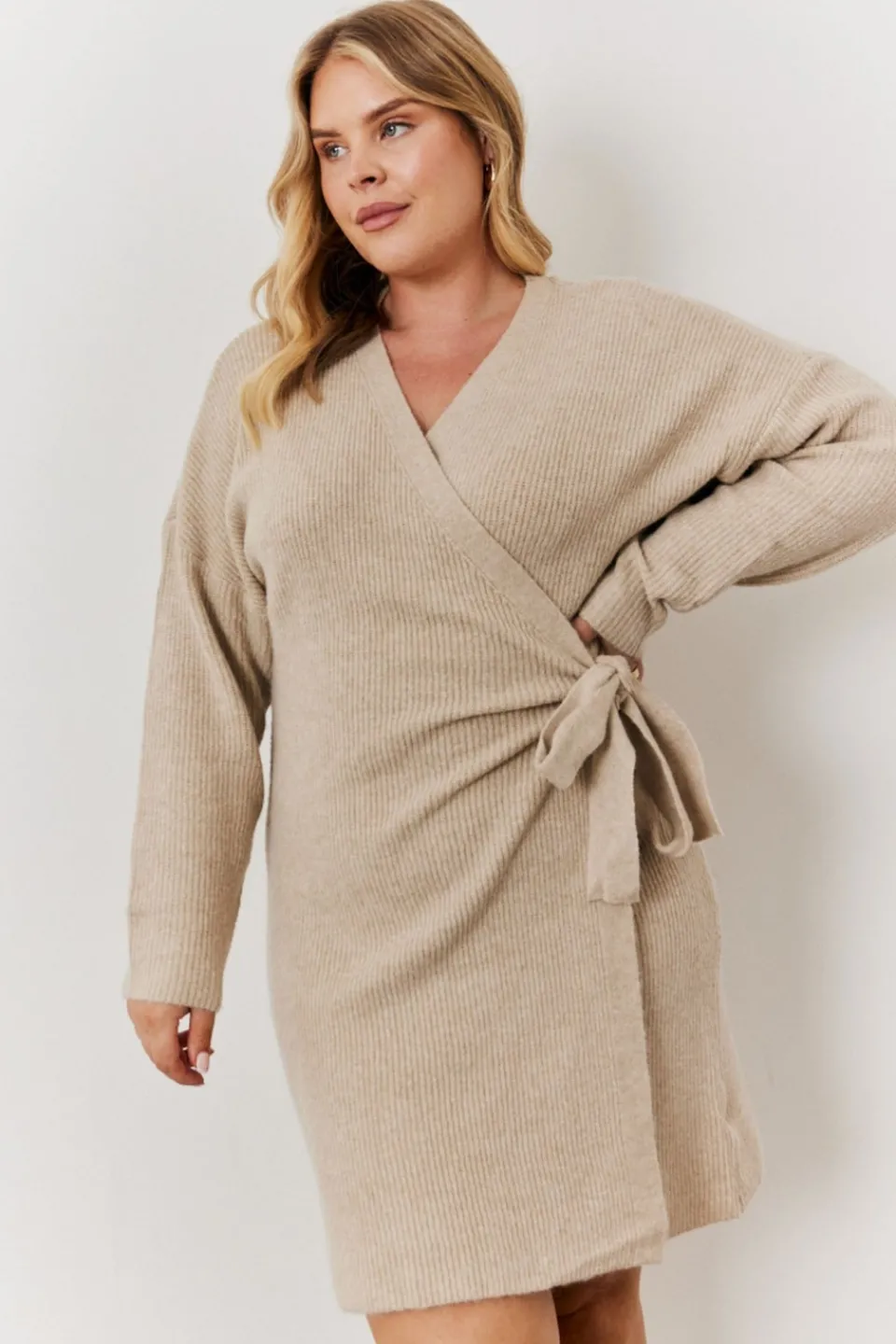 Knitwear>In The Style Oatmeal Knitted Wrap Dress