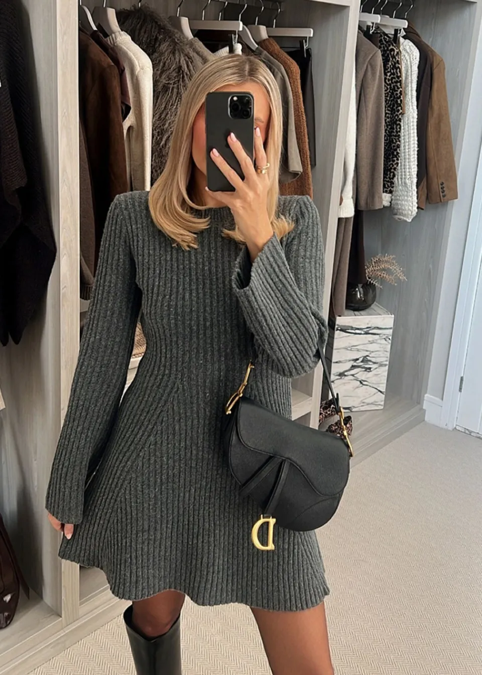 Knitwear>In The Style Perrie Sian Charcoal Knitted Bow Skater Dress