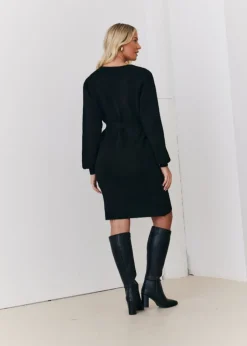 Knitwear>In The Style Stacey Solomon Black Pearl Button Detail Knit Belted Mini Dress
