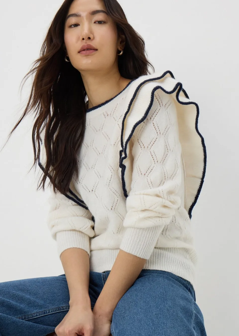 Tops>Papaya Ivory Pointelle Frill Jumper
