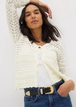 Tops>Papaya Pointelle Tie Front Cardigan Ivory