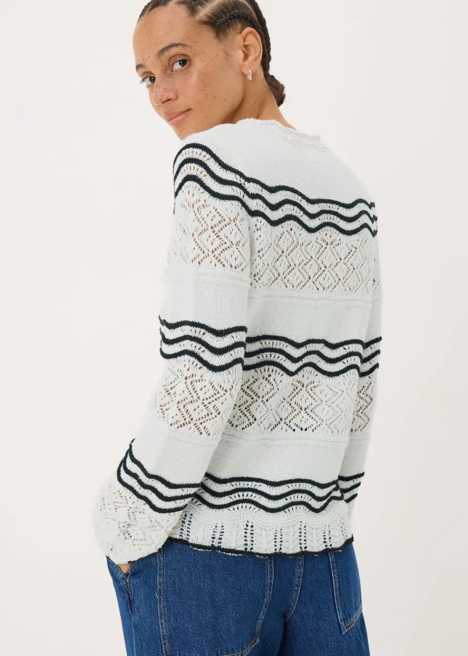Tops>Papaya Ivory Stripe Pointelle Stitch Jumper