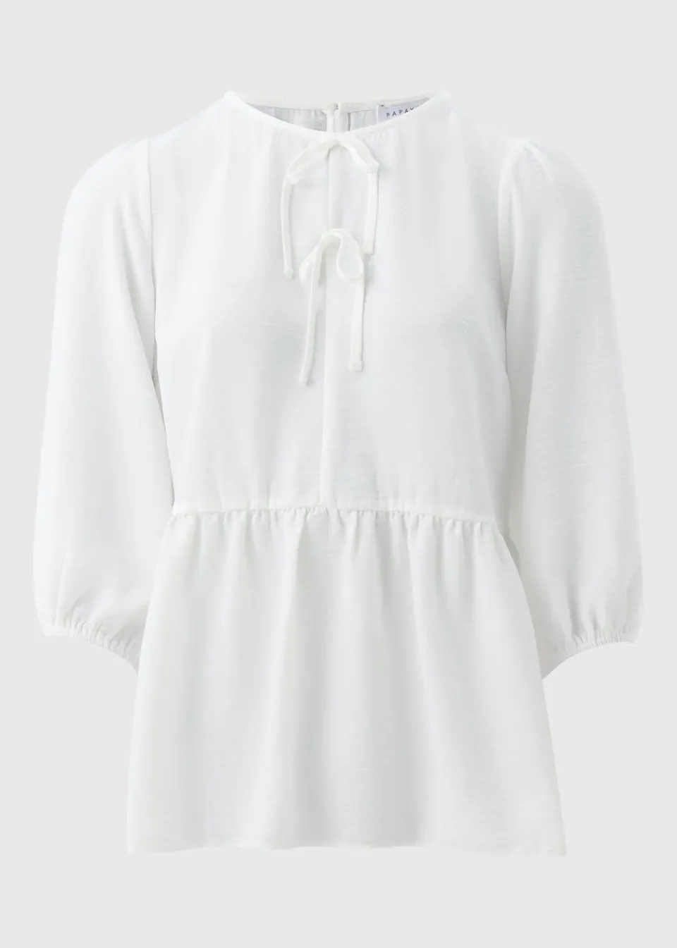 Tops>Papaya Ivory Tie Neck Peplum Blouse