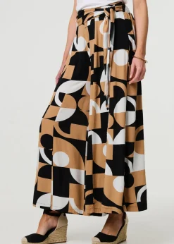 Trousers>Izabel London Beige Abstract High Waist Wide Leg Trousers