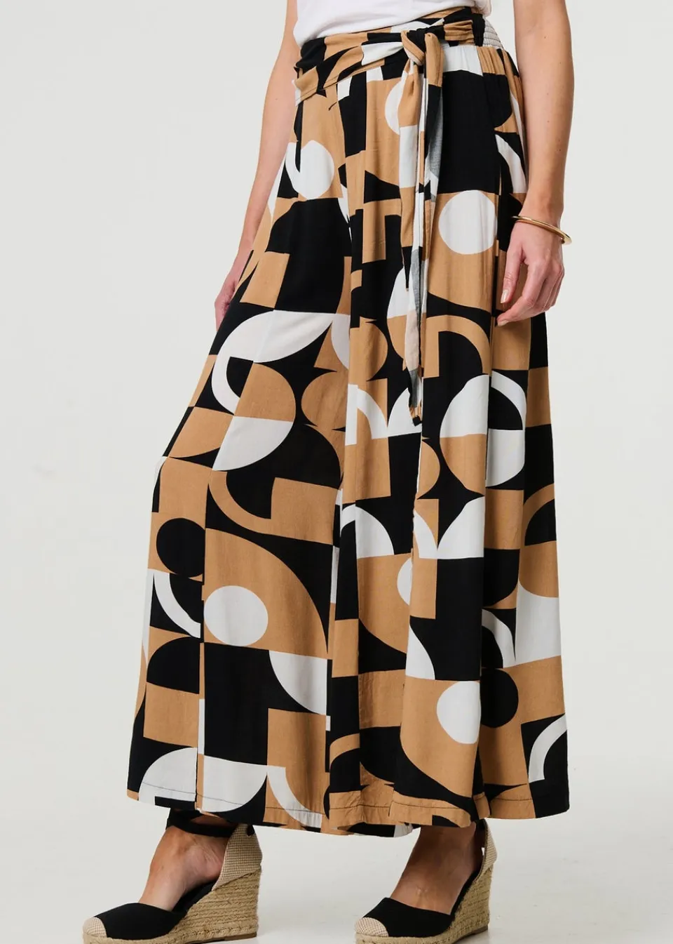 Trousers>Izabel London Beige Abstract High Waist Wide Leg Trousers