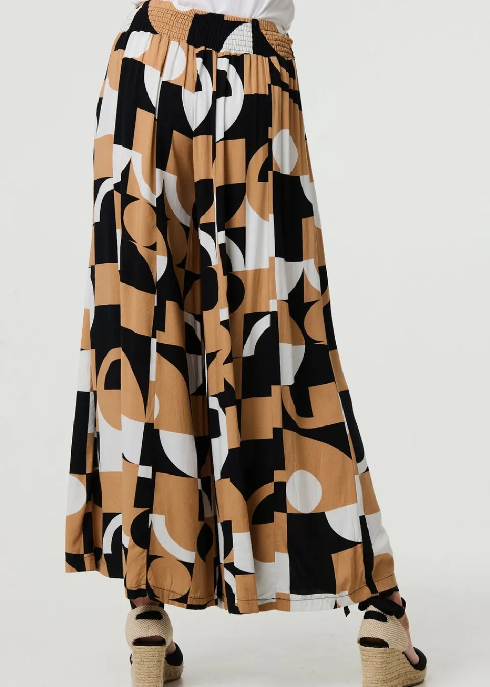 Trousers>Izabel London Beige Abstract High Waist Wide Leg Trousers
