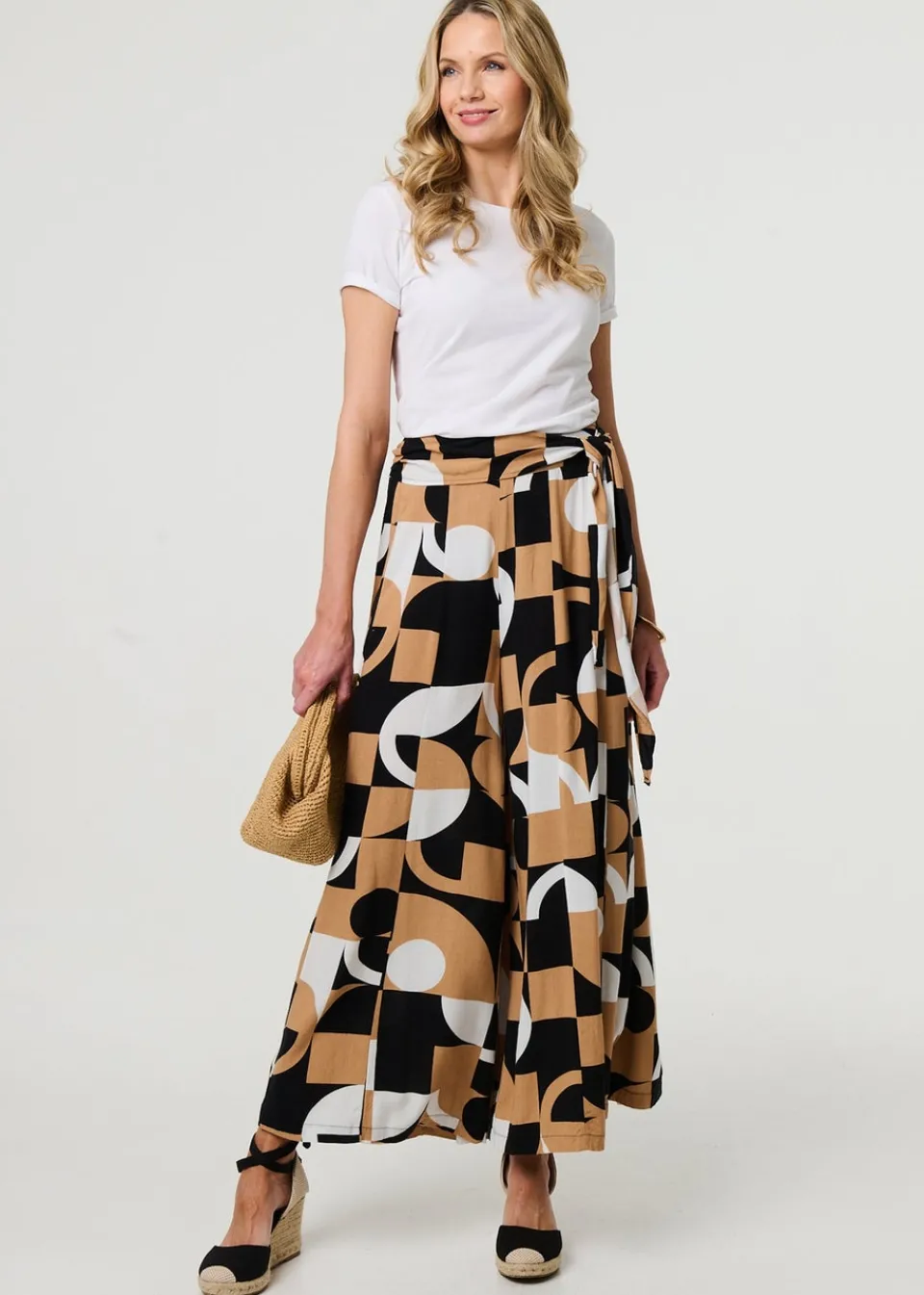 Trousers>Izabel London Beige Abstract High Waist Wide Leg Trousers