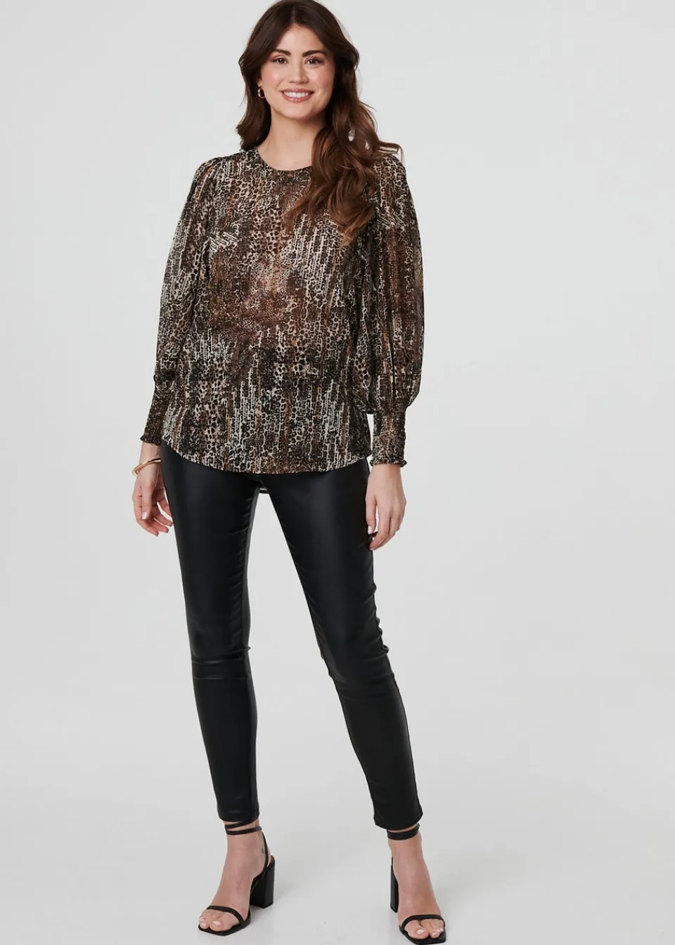 Tops>Izabel London Beige Animal Print Sheer Mesh Blouse