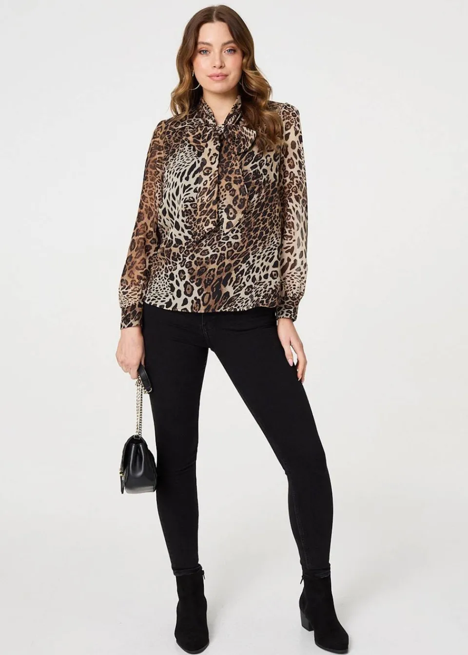 Tops>Izabel London Beige Animal Print Tie Neck Long Sleeve Blouse