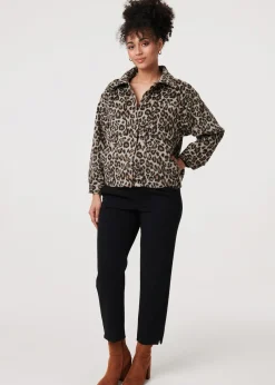 Coats & Jackets>Izabel London Beige Animal Print Flannel Shirt Jacket