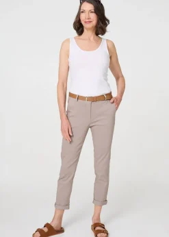 Trousers>Izabel London Beige Belt Detail Slim Fit Cropped Trousers