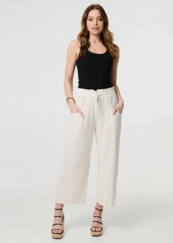 Trousers>Izabel London Beige Elasticated Waist Crop Wide Leg Trousers
