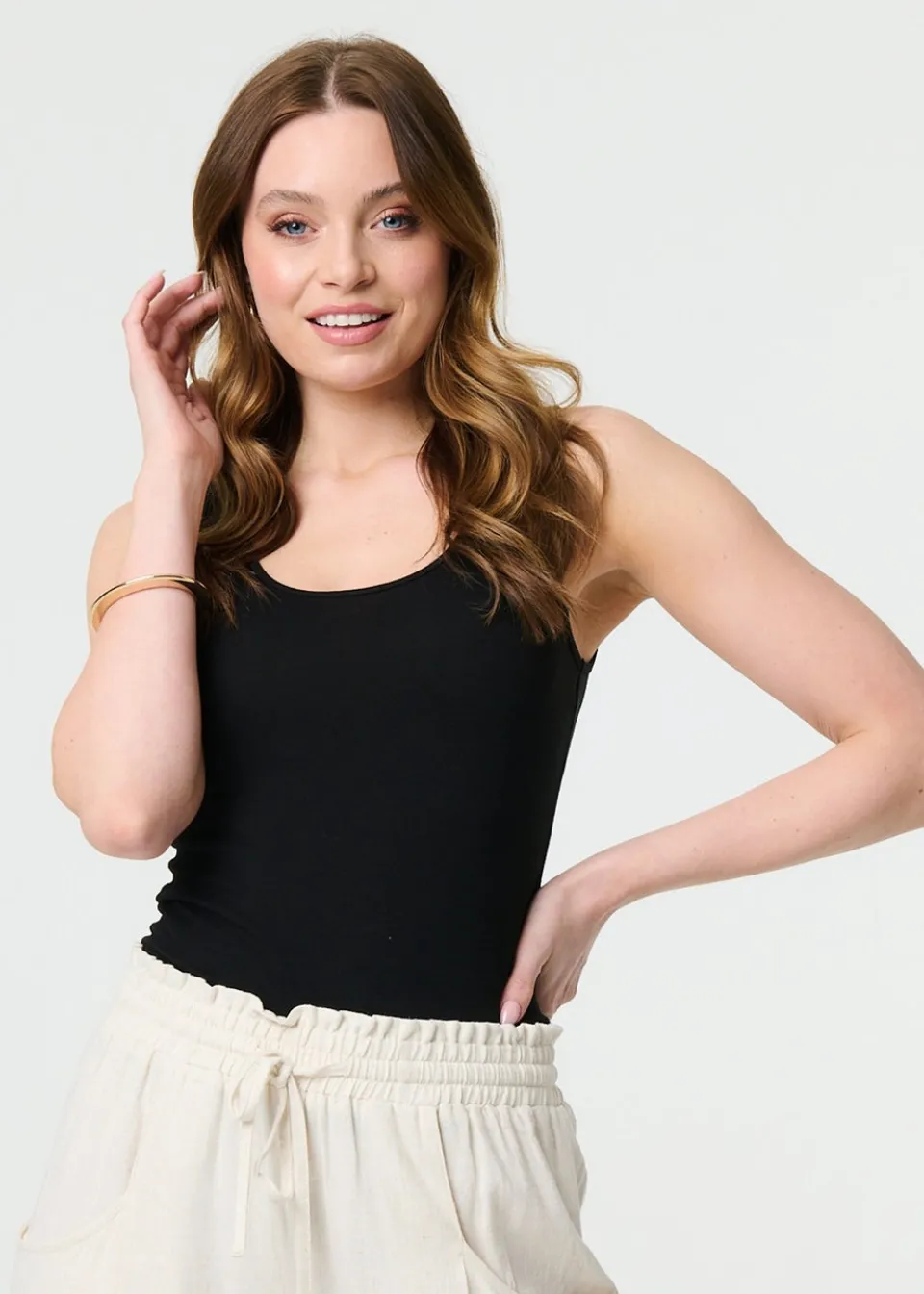 Trousers>Izabel London Beige Elasticated Waist Crop Wide Leg Trousers