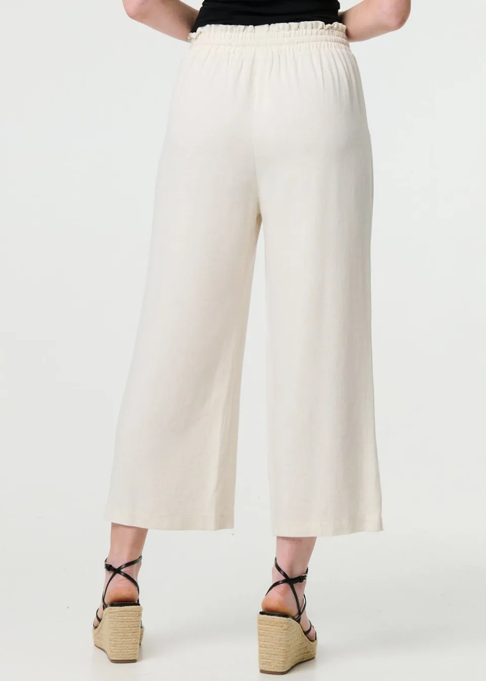 Trousers>Izabel London Beige Elasticated Waist Crop Wide Leg Trousers