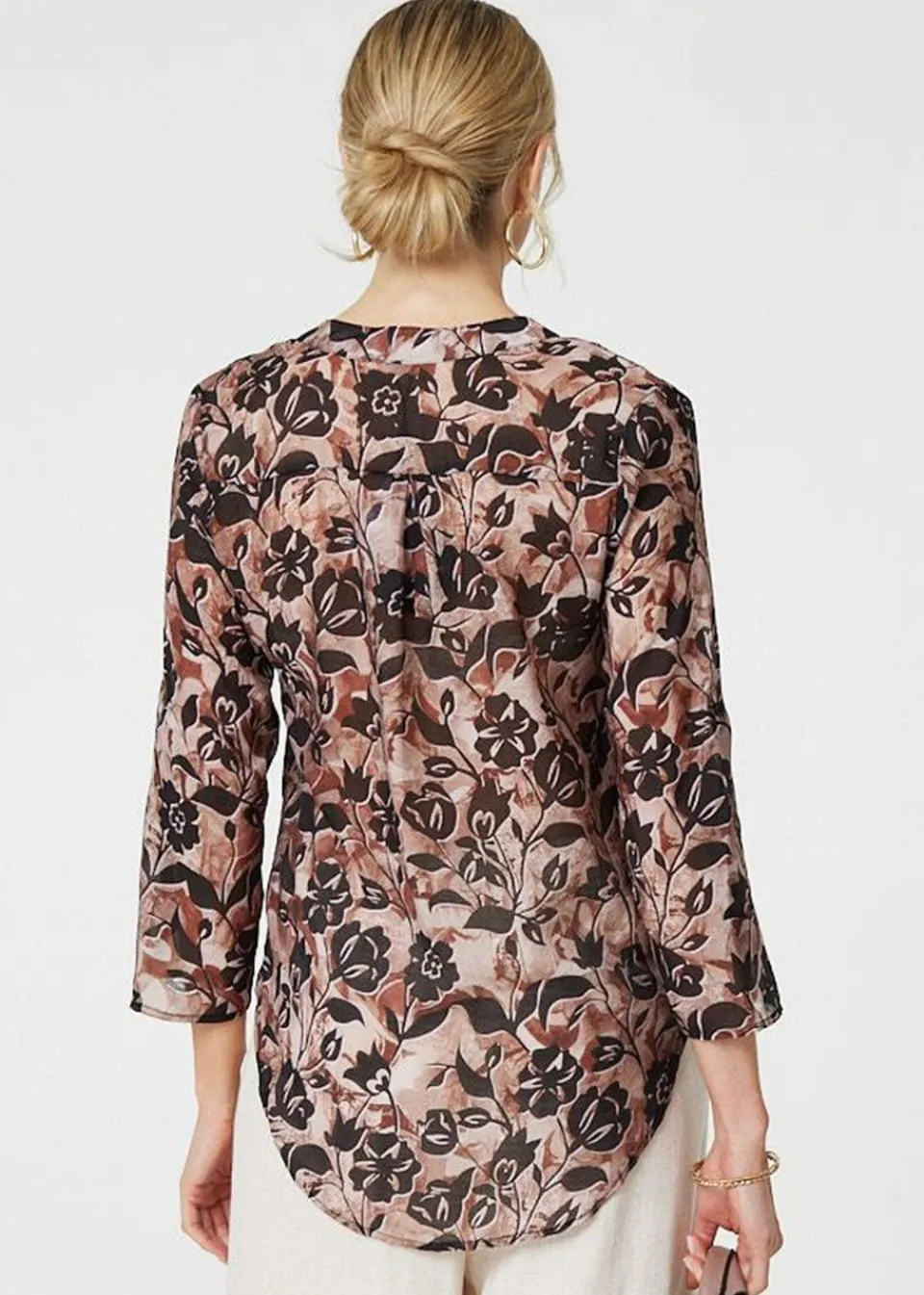 Tops>Izabel London Beige Floral Curve Hem Blouse
