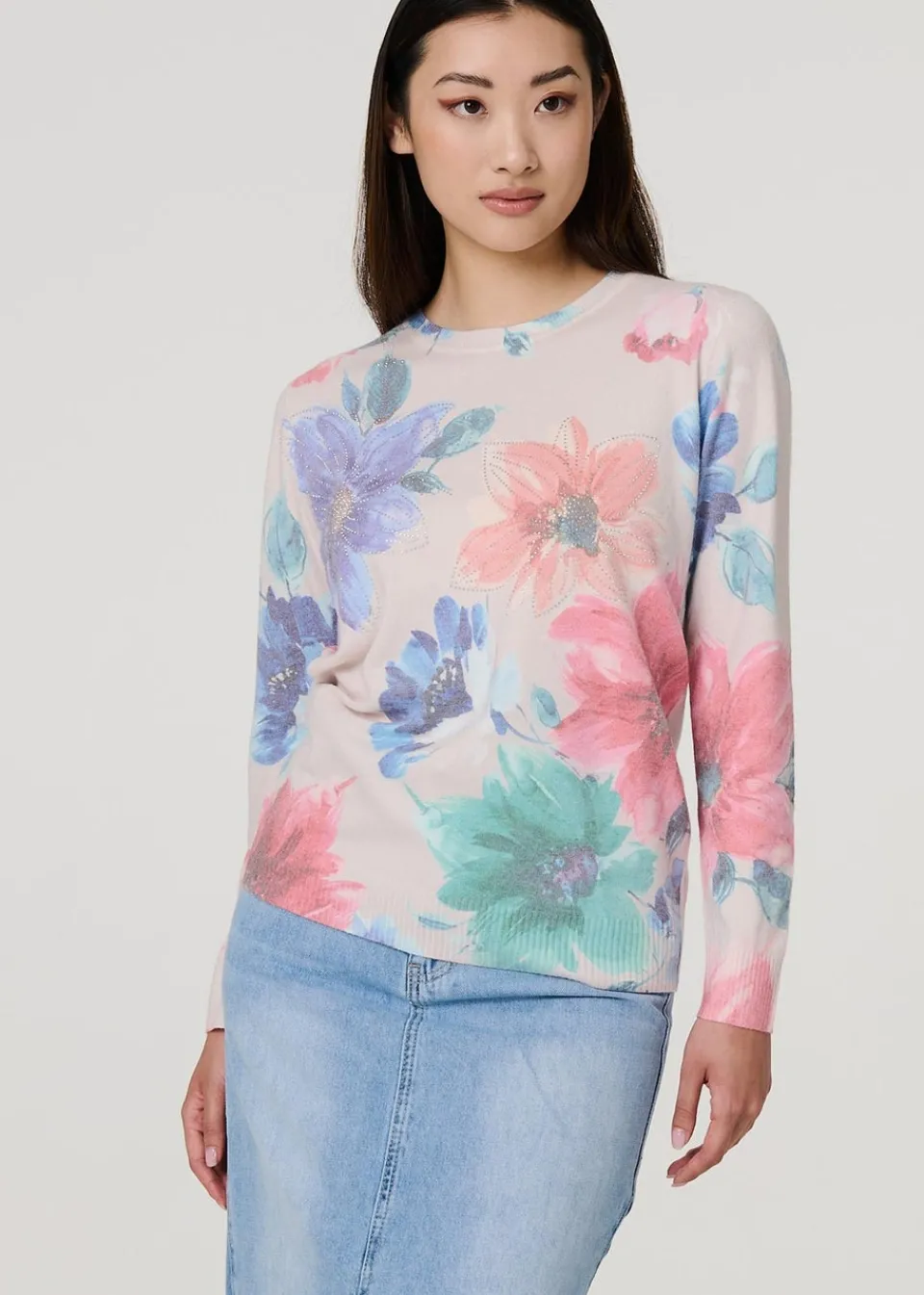 Tops>Izabel London Beige Floral Diamante Detail Long Sleeve Jumper