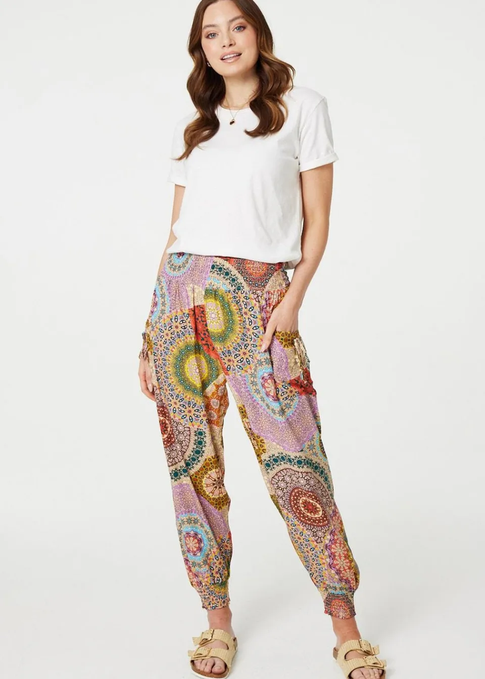 Trousers>Izabel London Beige Kaleidoscope Print High Rise Harem Pants