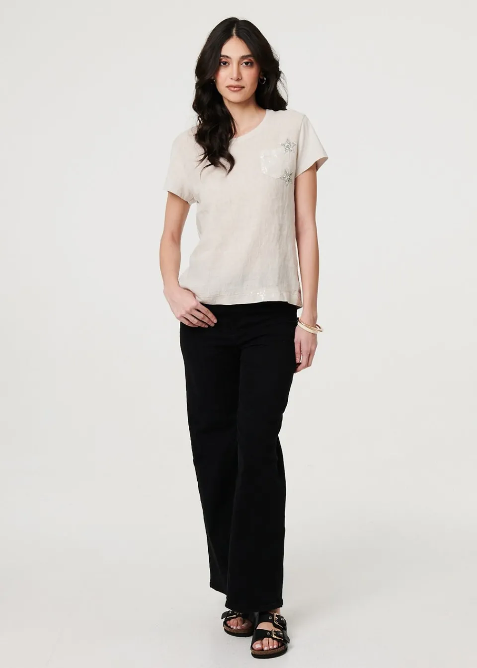 T-Shirts>Izabel London Beige Metallic Star Detail Relaxed T Shirt
