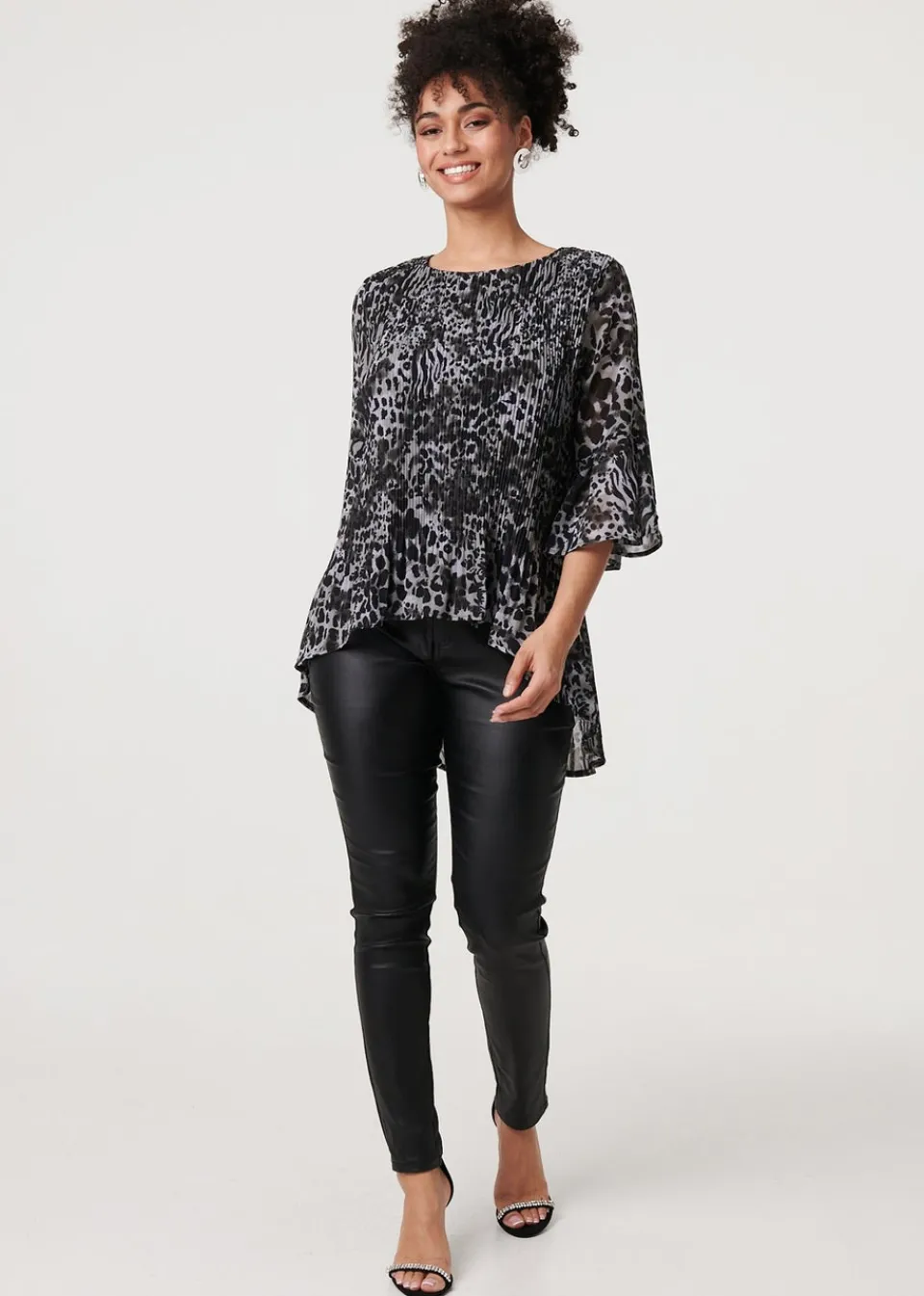 Tops>Izabel London Black Animal Print Sheer Pleated Blouse