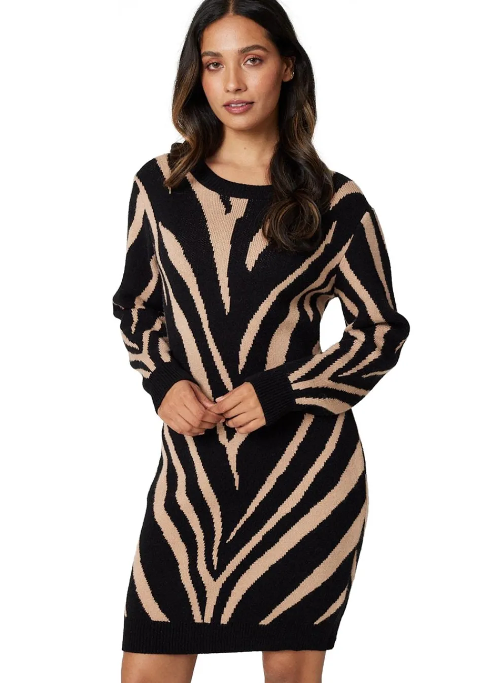 Knitwear>Izabel London Black Animal Print Short Knit Dress