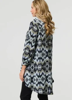 Tops>Izabel London Black Aztec Print High Low Long Sleeve Shirt