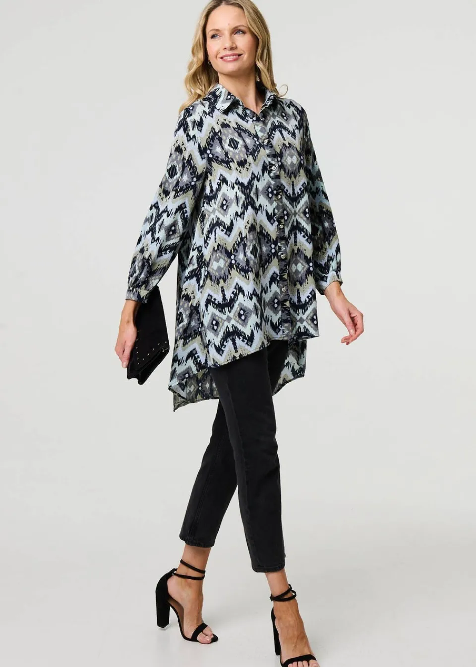 Tops>Izabel London Black Aztec Print High Low Long Sleeve Shirt