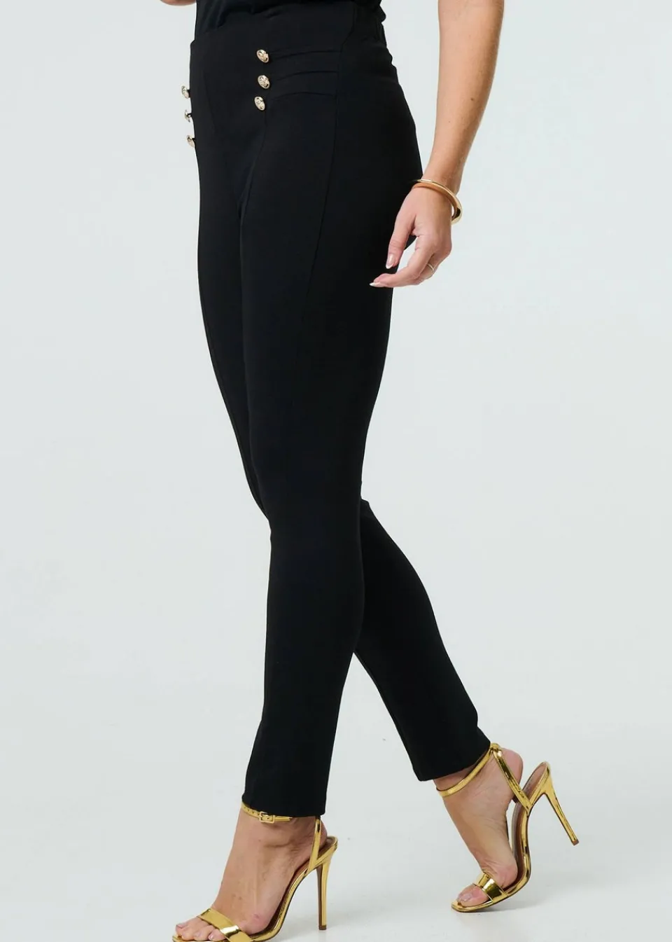 Trousers>Izabel London Black Button Detail High Waist Slim Leggings
