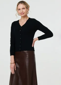 Tops>Izabel London Black Cropped Button Up Slim Knit Cardigan