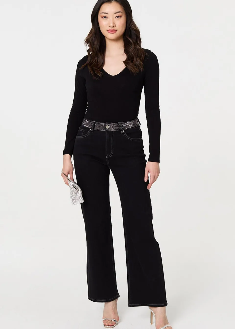 Jeans & Jeggings>Izabel London Black Diamante Stud High Waist Straight Jeans