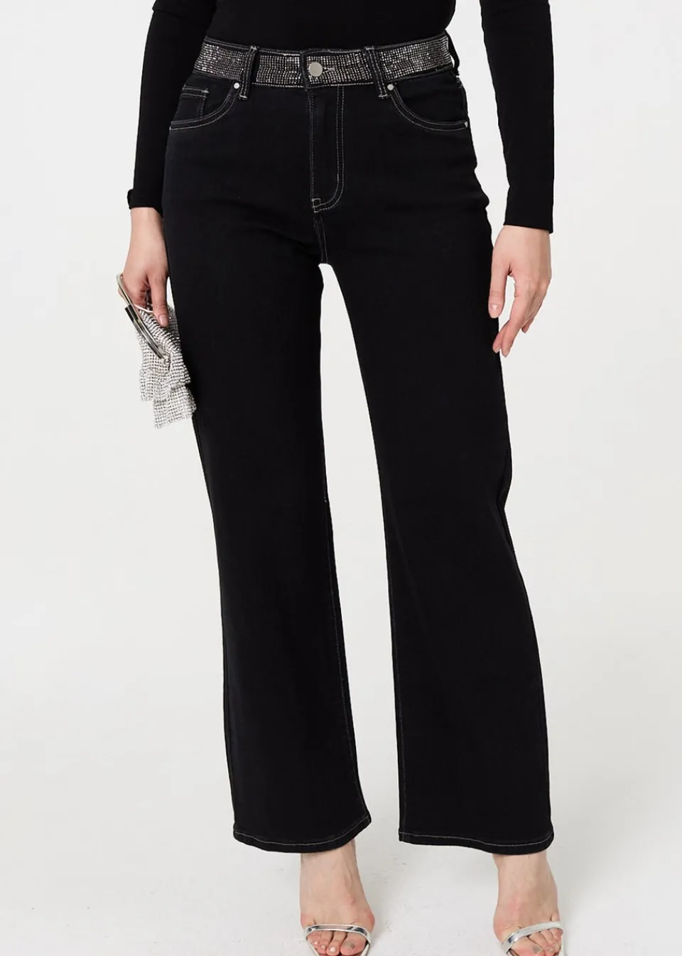 Jeans & Jeggings>Izabel London Black Diamante Stud High Waist Straight Jeans