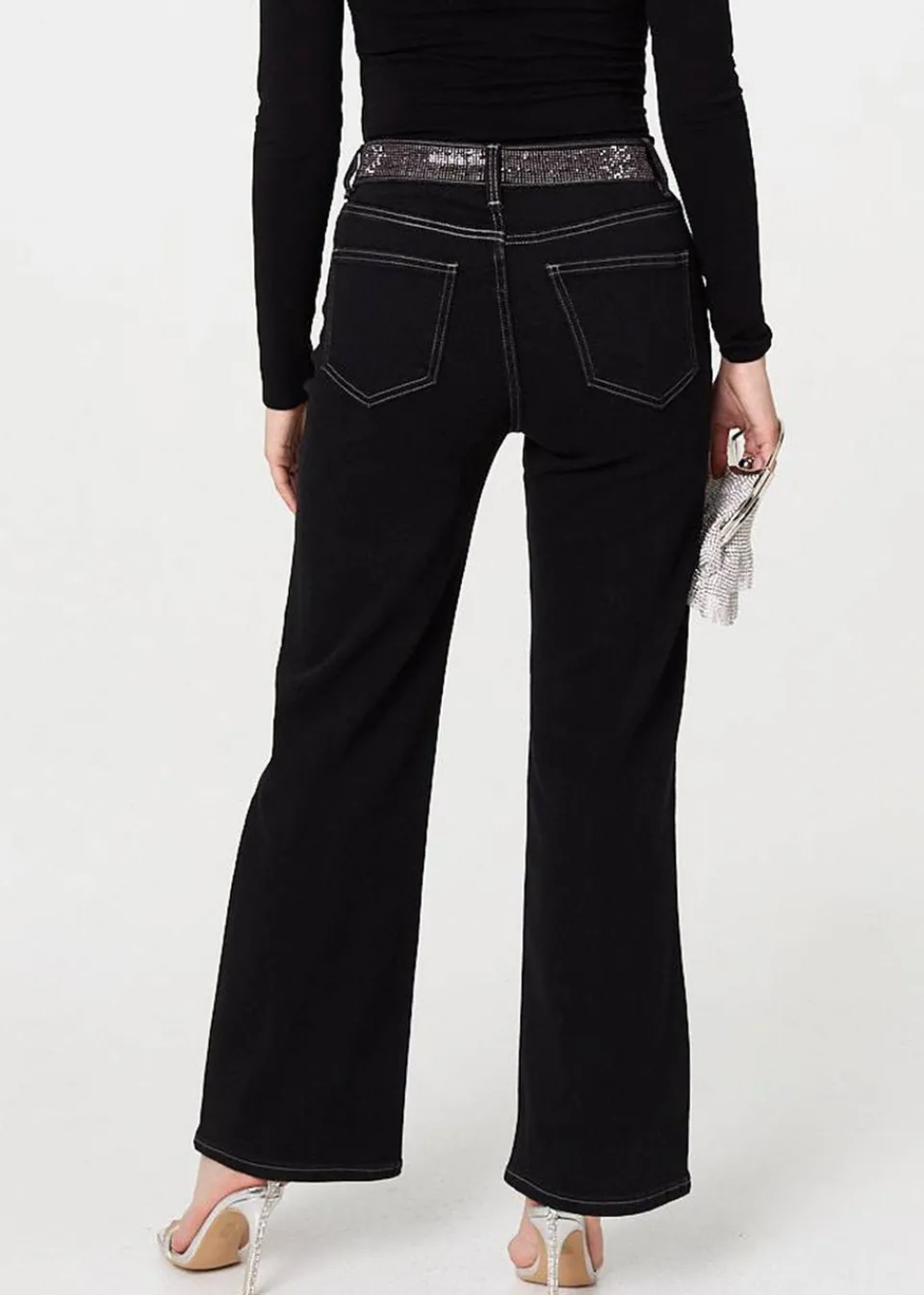 Jeans & Jeggings>Izabel London Black Diamante Stud High Waist Straight Jeans