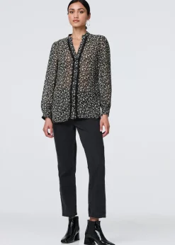 Tops>Izabel London Black Ditsy Floral Semi Sheer Long Sleeve Blouse