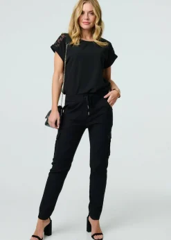 Trousers>Izabel London Black Drawstring Waist Slim Cargo Trousers
