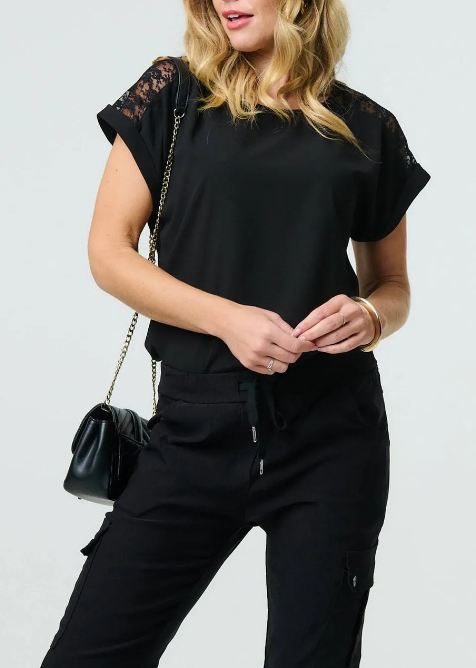 Trousers>Izabel London Black Drawstring Waist Slim Cargo Trousers