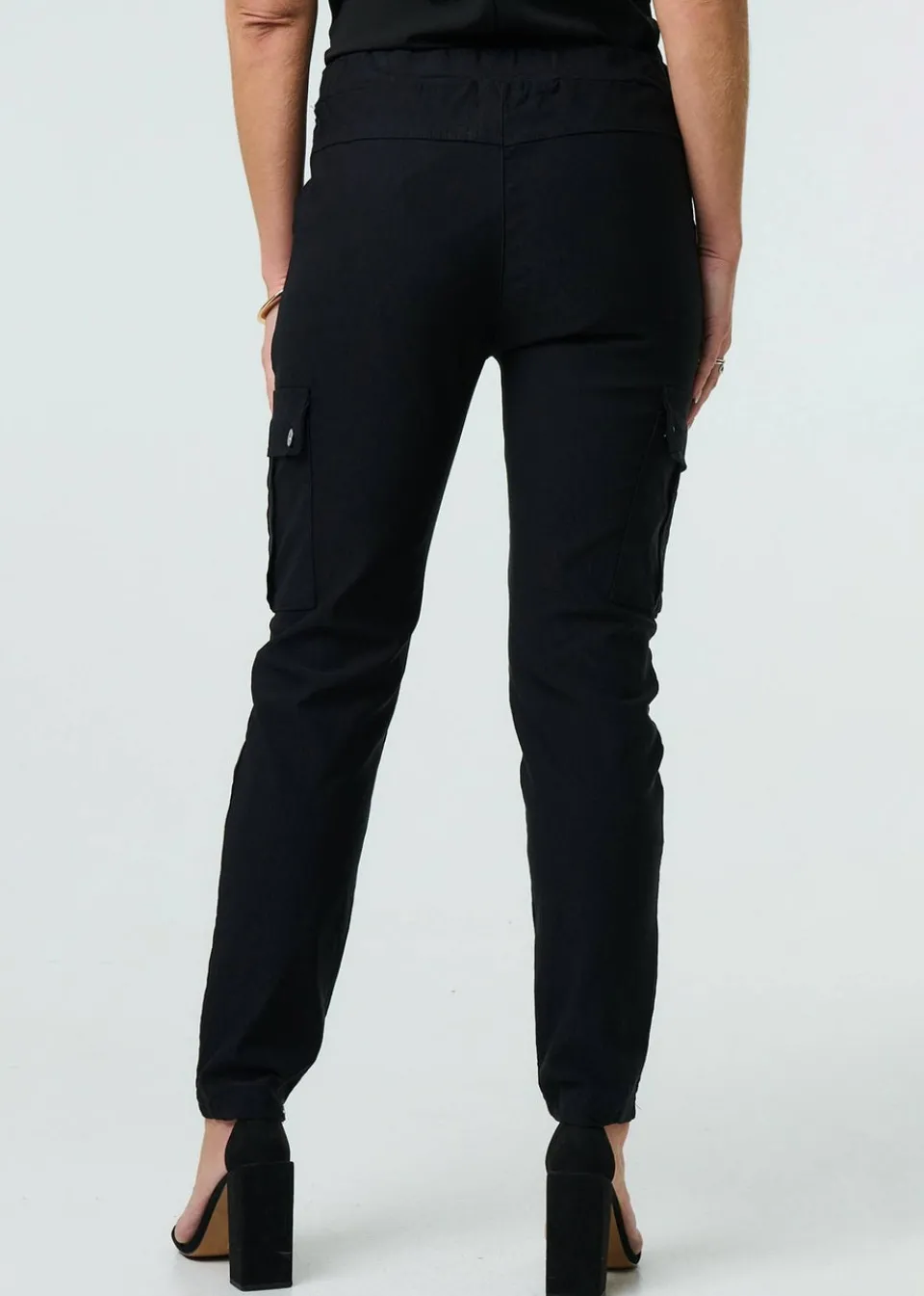 Trousers>Izabel London Black Drawstring Waist Slim Cargo Trousers