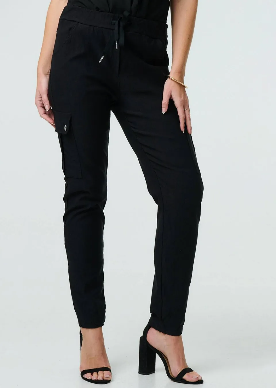 Trousers>Izabel London Black Drawstring Waist Slim Cargo Trousers