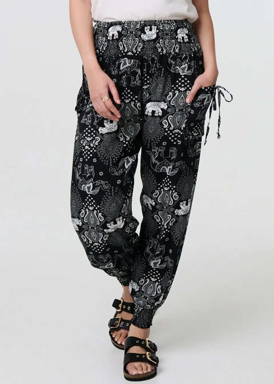 Trousers>Izabel London Black Elephant Print Relaxed Harem Pants