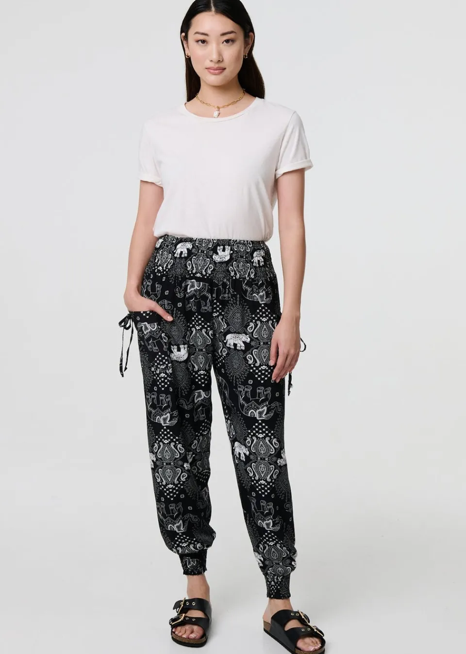 Trousers>Izabel London Black Elephant Print Relaxed Harem Pants