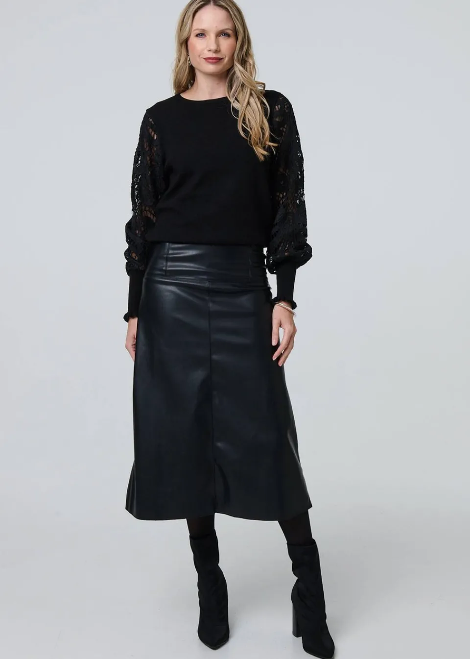 Skirts>Izabel London Black Faux Leather High Waist Midi Skirt