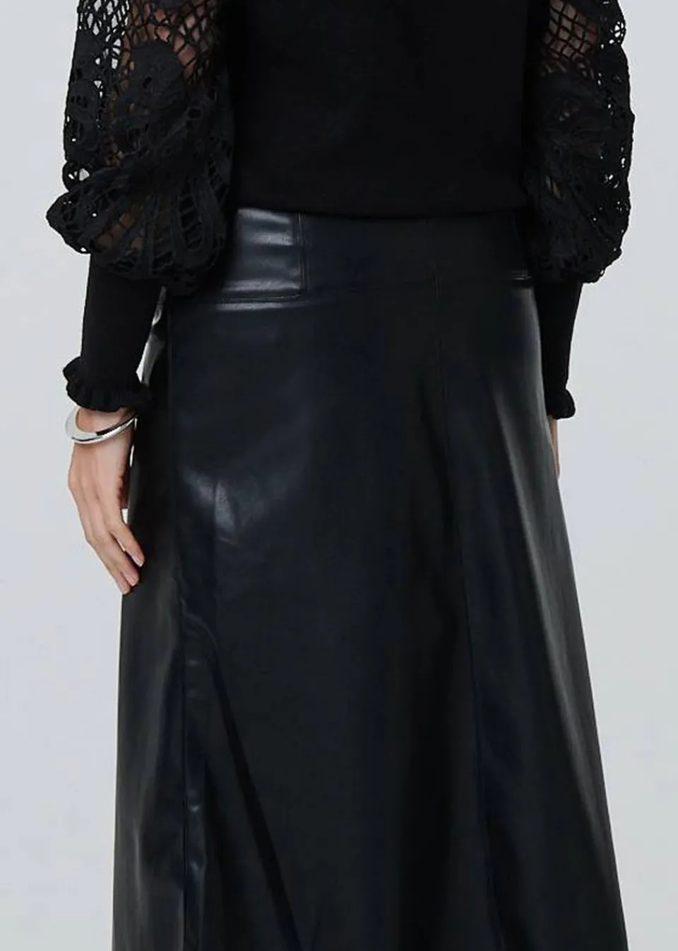 Skirts>Izabel London Black Faux Leather High Waist Midi Skirt