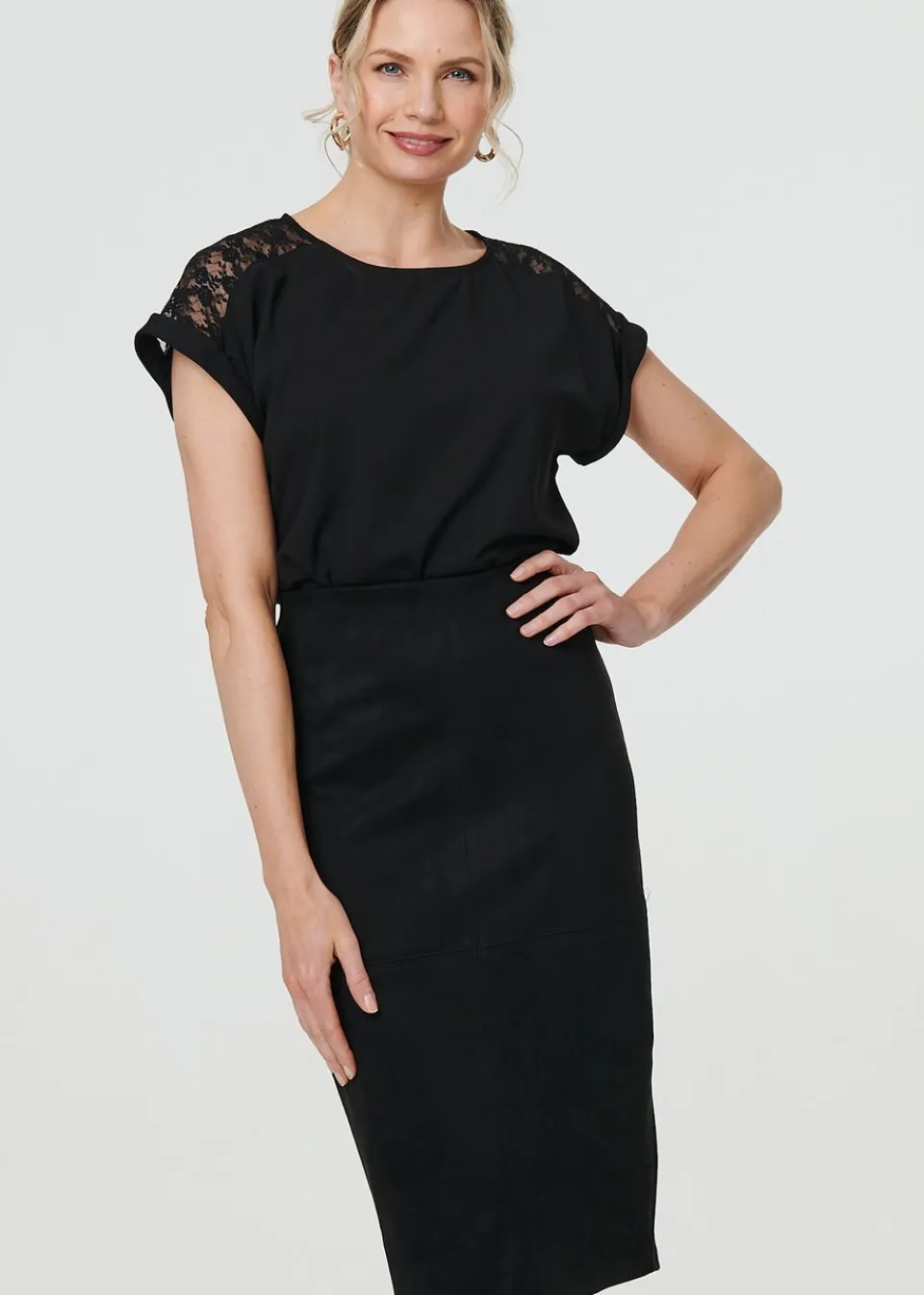 Skirts>Izabel London Black Faux Suede Knee Length Pencil Skirt