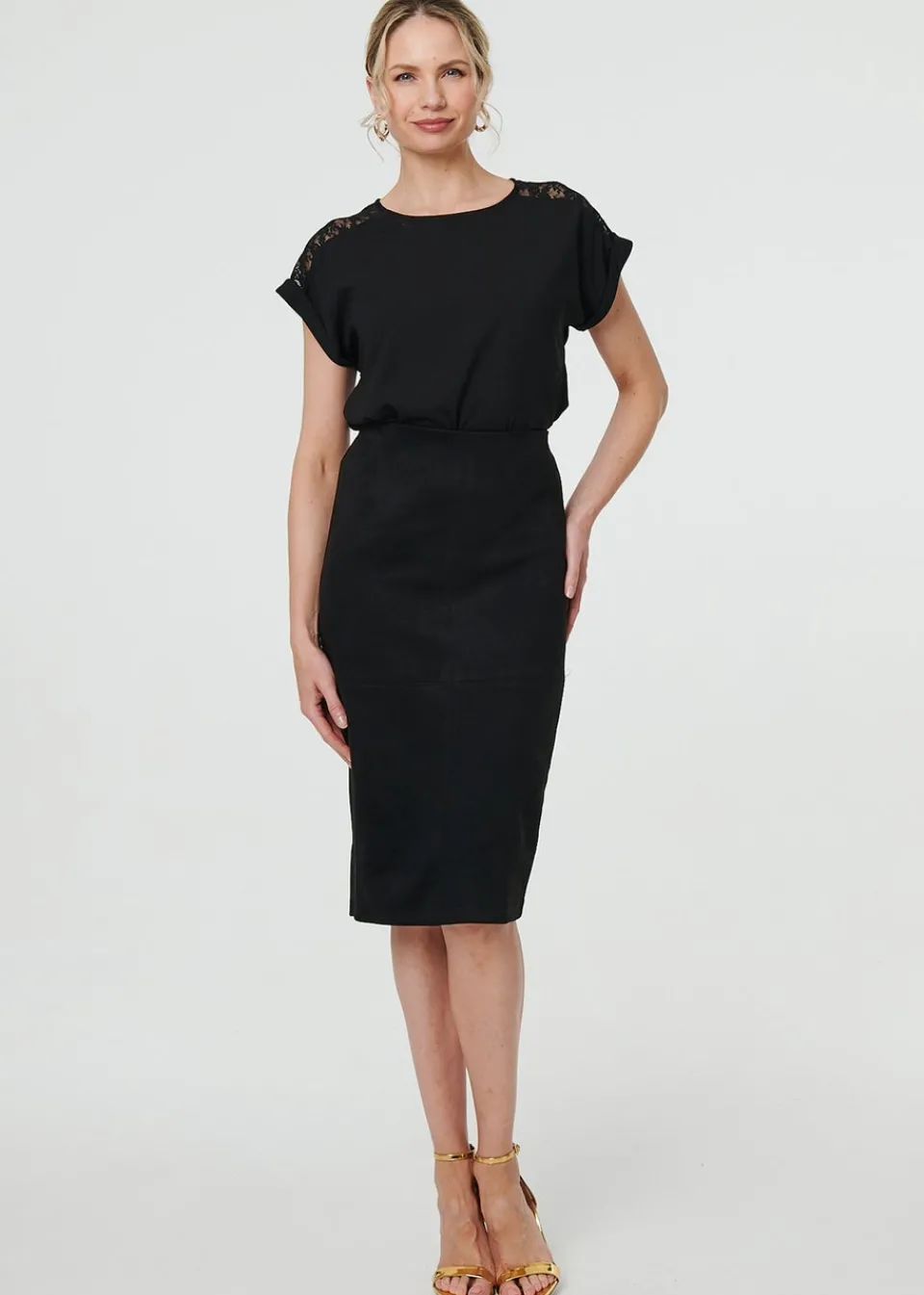 Skirts>Izabel London Black Faux Suede Knee Length Pencil Skirt