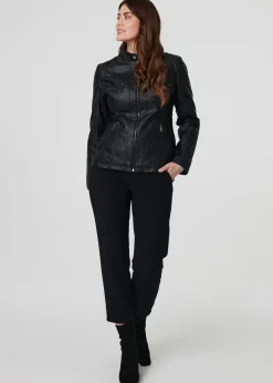 Coats & Jackets>Izabel London Black Faux Leather High Neck Zip Front Jacket