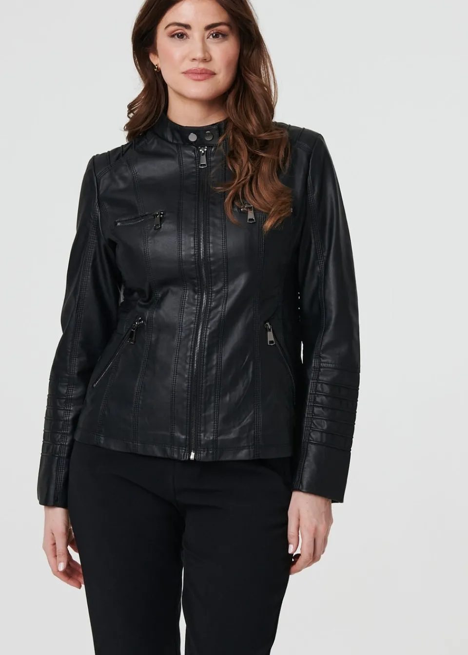Coats & Jackets>Izabel London Black Faux Leather High Neck Zip Front Jacket