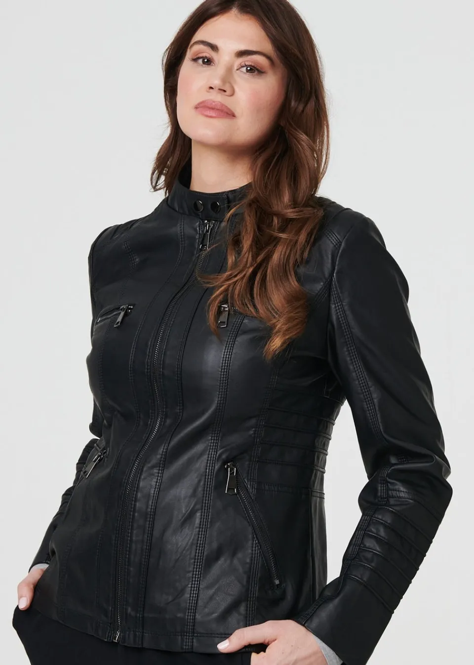 Coats & Jackets>Izabel London Black Faux Leather High Neck Zip Front Jacket