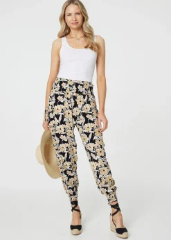 Trousers>Izabel London Black Floral Tassel Tie Pocket Harem Pants